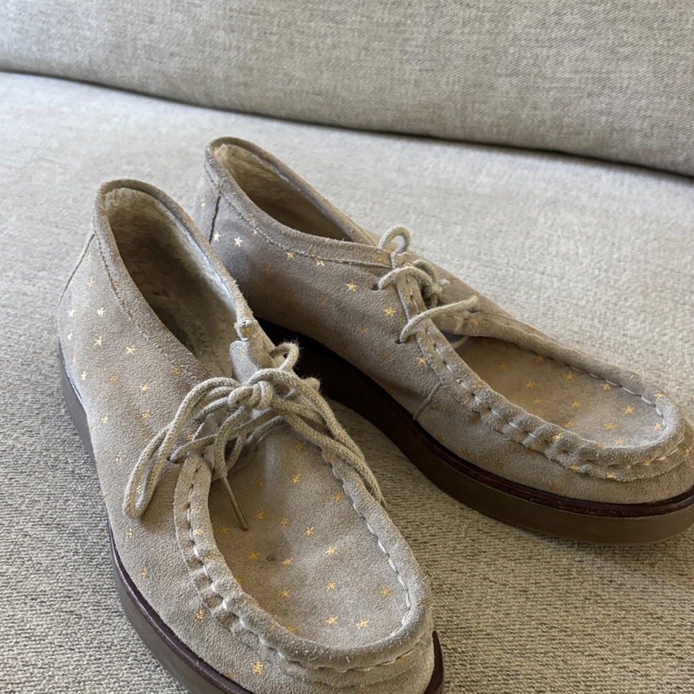 The Great Taupe Suede Moccasin Shoes with Gold Star Print